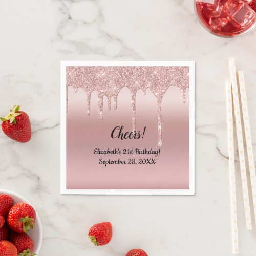 Rose Gold Dripping Glitter 21st Birthday Napkins