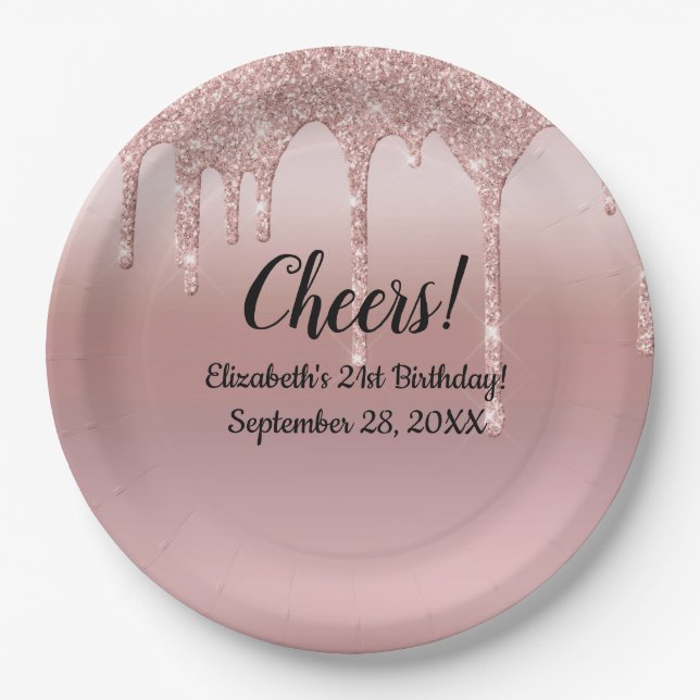 Rose Gold Dripping Glitter 21st Birthday  Paper Plates (Front)