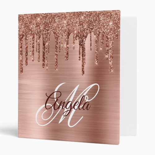 Rose Gold Dripping Glitter and Foil Fancy Monogram 3 Ring Binder