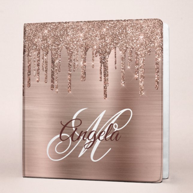 Rose Gold Dripping Glitter and Foil Fancy Monogram 3 Ring Binder (Creator Uploaded)