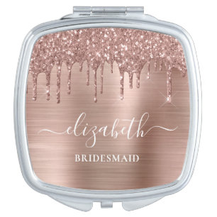 Rose Gold Dripping Glitter Bridesmaid Compact Mirror