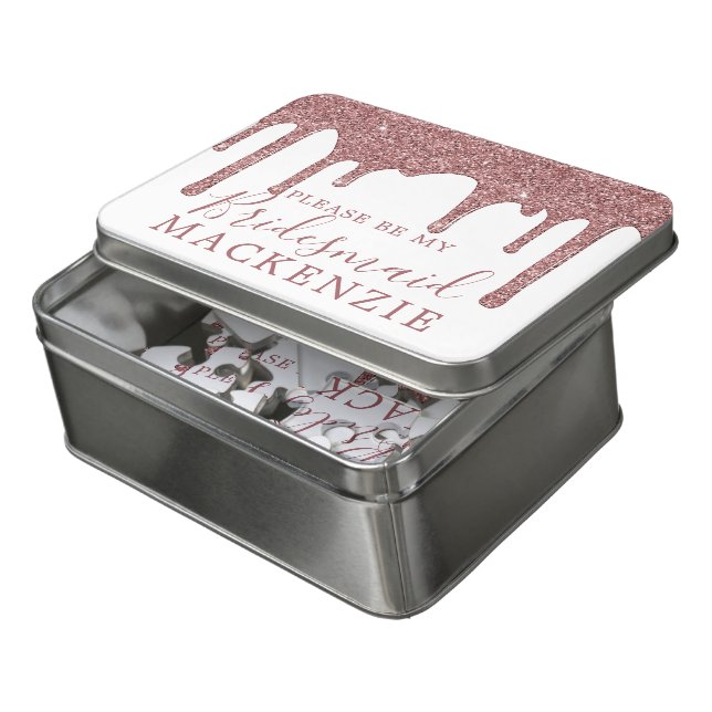 Rose Gold Dripping Glitter Bridesmaid Proposal Jigsaw Puzzle (Lid Open)