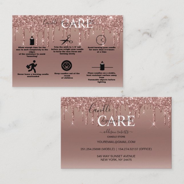 Rose Gold Dripping Glitter Candle Care  Business C Card (Front/Back)