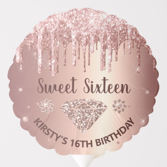 Rose Gold Dripping Glitter & Diamond Sweet 16  Balloon (Front)