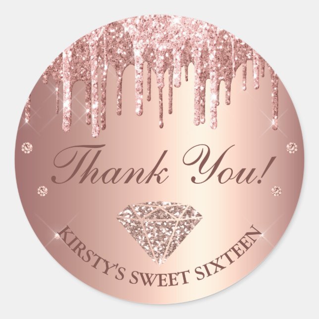 Rose Gold Dripping Glitter & Diamond Sweet 16 Classic Round Sticker (Front)