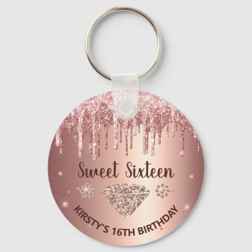 Rose Gold Dripping Glitter  Diamond Sweet 16  Keychain