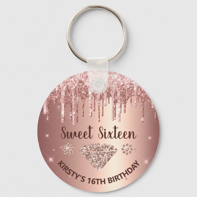 Rose Gold Dripping Glitter & Diamond Sweet 16  Keychain (Front)