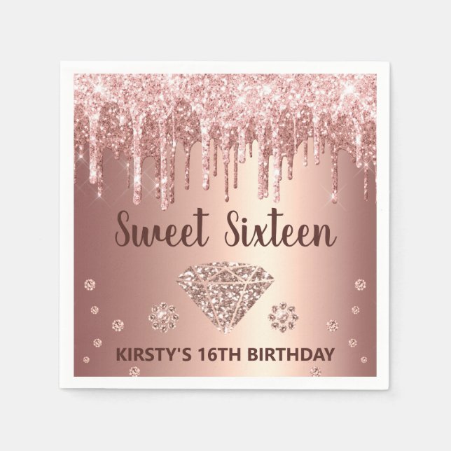 Rose Gold Dripping Glitter & Diamond Sweet 16 Napkins (Front)