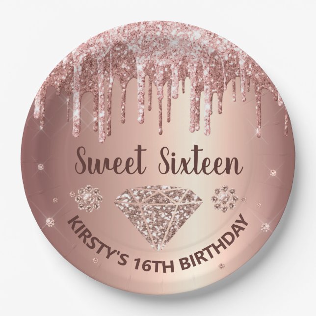 Rose Gold Dripping Glitter & Diamond Sweet 16 Paper Plates (Front)