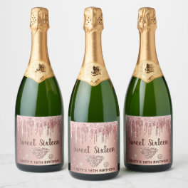 Rose Gold Dripping Glitter & Diamond Sweet 16 Sparkling Wine Label