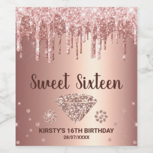 Rose Gold Dripping Glitter & Diamond Sweet 16 Wine Label