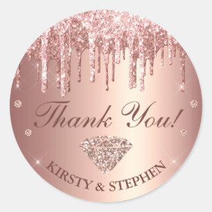Rose Gold Dripping Glitter & Diamond Wedding Classic Round Sticker