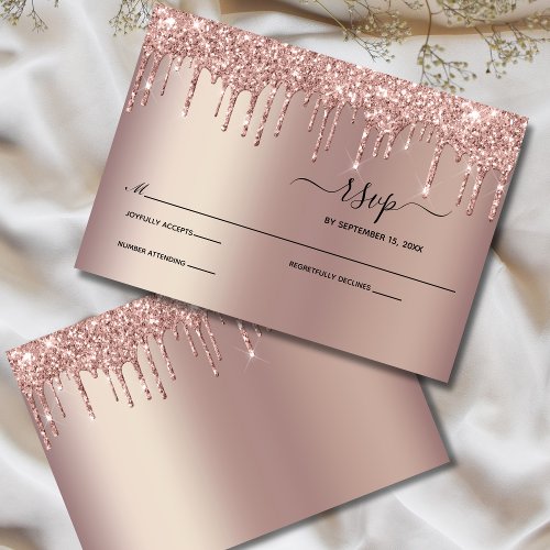 Rose Gold Dripping Glitter Drips Elegant Wedding  RSVP Card