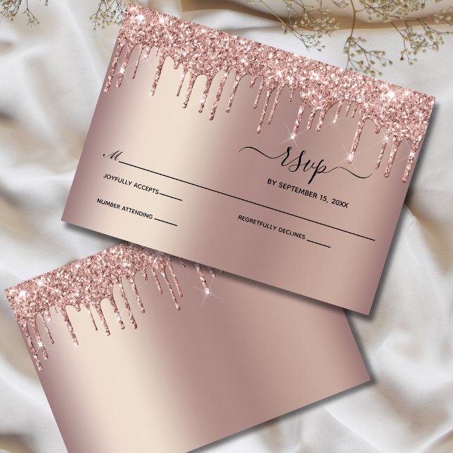 Rose Gold Dripping Glitter Drips Elegant Wedding  RSVP Card (Rose Gold Dripping Glitter Wedding RSVP card )