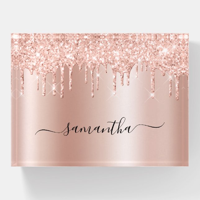 Rose Gold Dripping Glitter Glam Name Paperweight (Front)