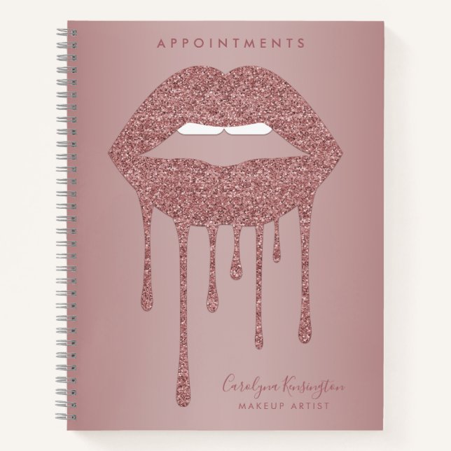 Rose Gold Dripping Glitter Lips Makeup Appointment Notebook (Front)