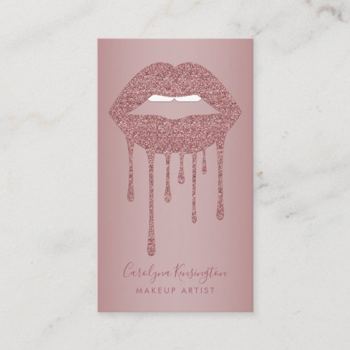 Rose Gold Dripping Glitter Lips Makeup Artist Business Card