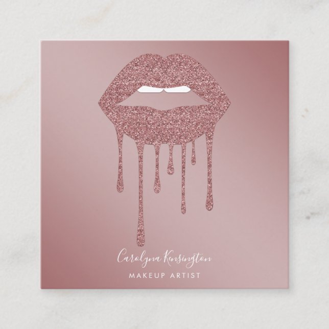 Rose Gold Dripping Glitter Lips Makeup Square Business Card (Front)