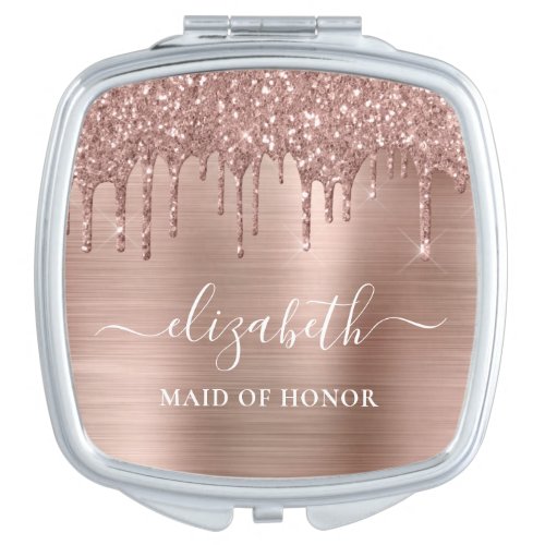 Rose Gold Dripping Glitter Maid of Honor Compact Mirror