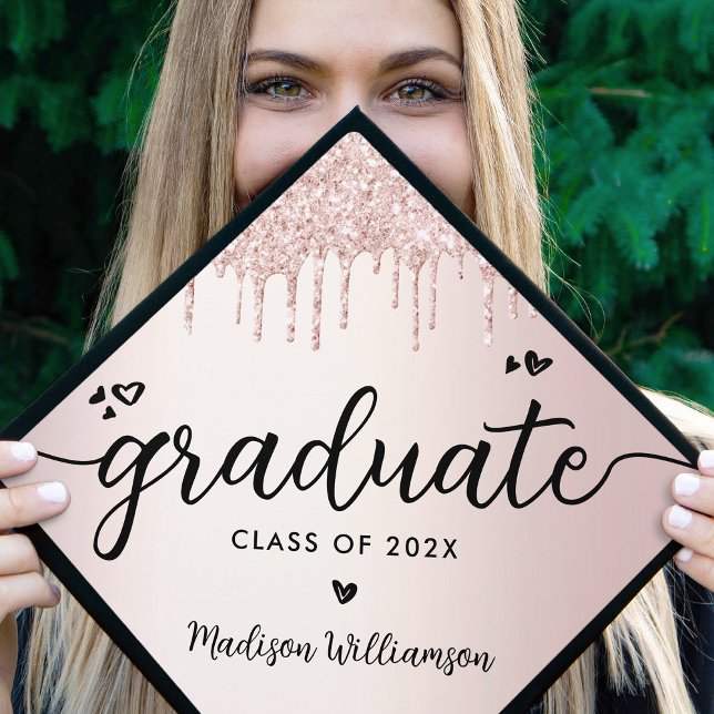 Rose Gold Dripping Glitter Modern Script Hearts Graduation Cap Topper (Creator Uploaded)