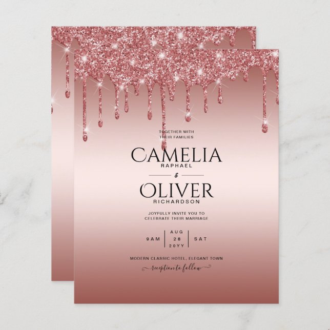Rose Gold Dripping Glitter Modern Wedding Invite (Front/Back)