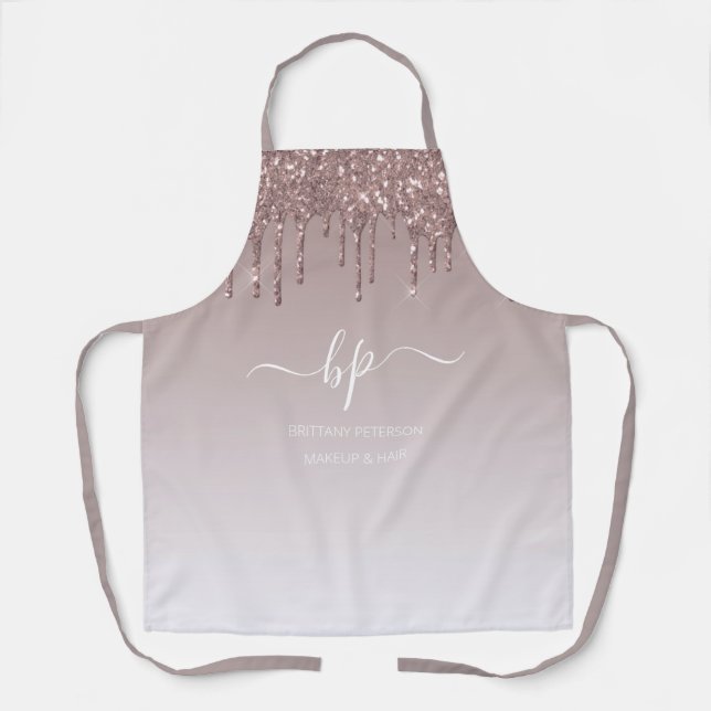 Rose Gold Dripping Glitter Monogram Business Apron (Front)
