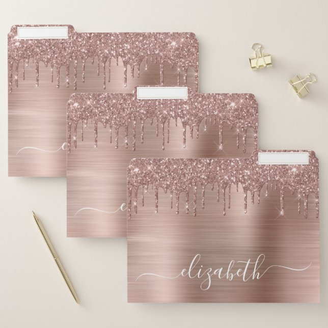 Rose Gold Dripping Glitter Monogram File Folder (Set)