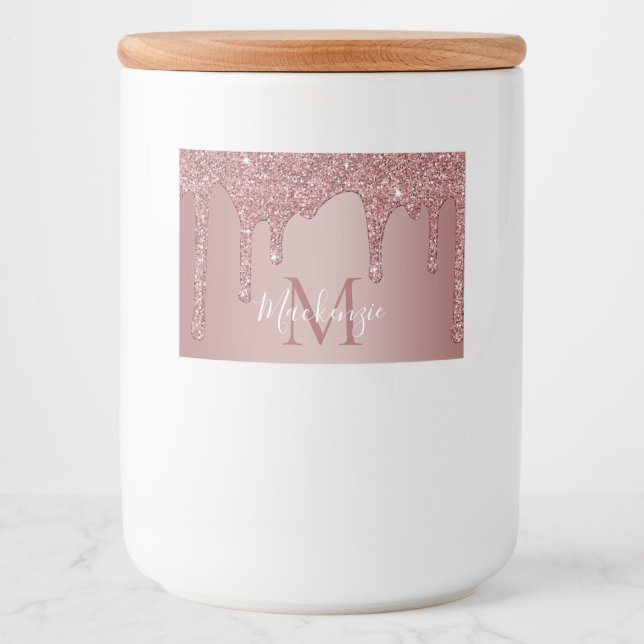 Rose Gold Dripping Glitter Monogram Food Label (Front)