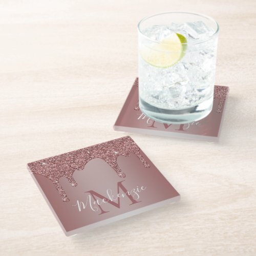 Rose Gold Dripping Glitter Monogram Glass Coaster