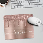 Rose Gold Dripping Glitter Monogram Mouse Pad<br><div class="desc">Custom elegant and girly mouse pad featuring rose gold faux glitter dripping against a rose gold faux metallic foil background. Monogram with your name in a stylish trendy white script with swashes.</div>