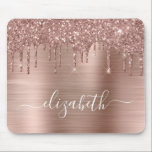 Rose Gold Dripping Glitter Monogram Mouse Pad<br><div class="desc">Custom elegant and girly mouse pad featuring rose gold faux glitter dripping against a rose gold faux metallic foil background. Monogram with your name in a stylish trendy white script with swashes.</div>