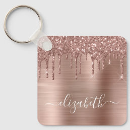 Rose Gold Dripping Glitter Monogram Name Keychain