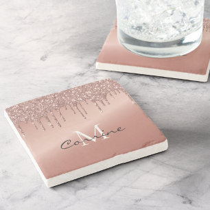 Rose Gold Dripping Glitter Monogram Name Metallic Stone Coaster