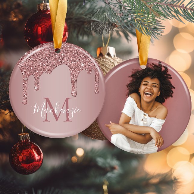 Rose Gold Dripping Glitter Monogram Photo Ceramic Ornament (Rose Gold Dripping Glitter Monogram Photo Ceramic Ornament)