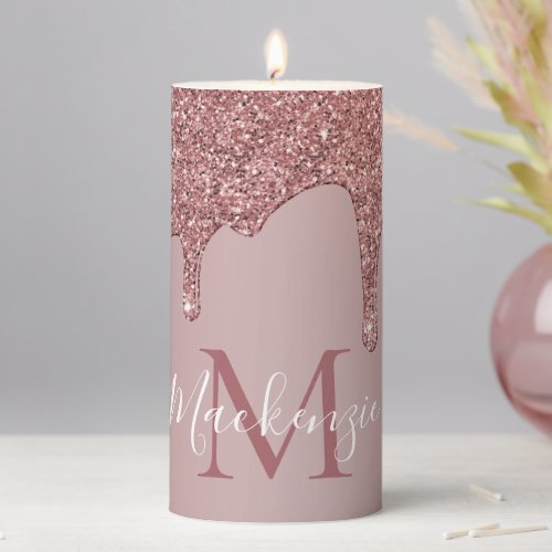 Rose Gold Dripping Glitter Monogram Pillar Candle