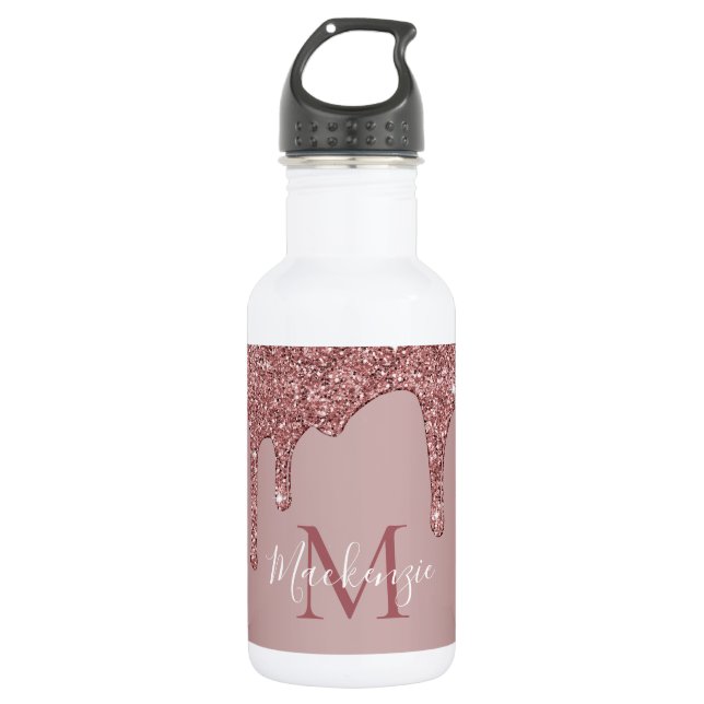 Rose Gold Dripping Glitter Monogram Stainless Steel Water Bottle (Front)