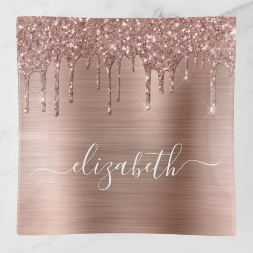 Rose Gold Dripping Glitter Monogram Trinket Tray