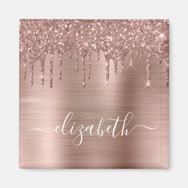 Rose Gold Dripping Glitter Monogrammed Magnet (Front)