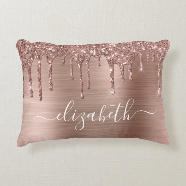 Rose Gold Dripping Glitter Personalized Accent Pillow (Front)