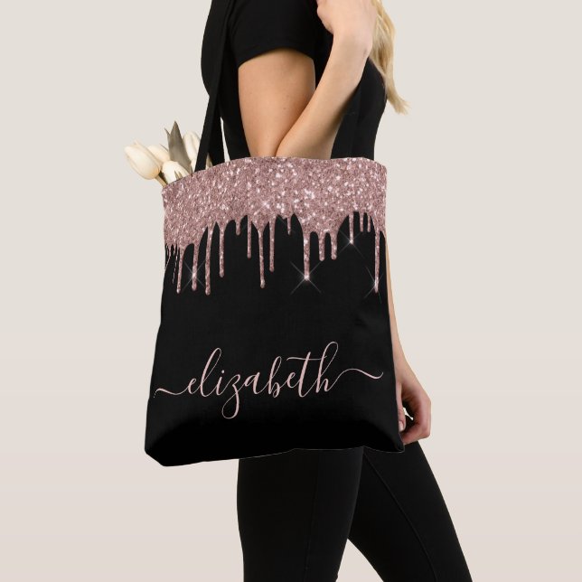 Rose Gold Dripping Glitter Personalized Black Tote Bag (Close Up)