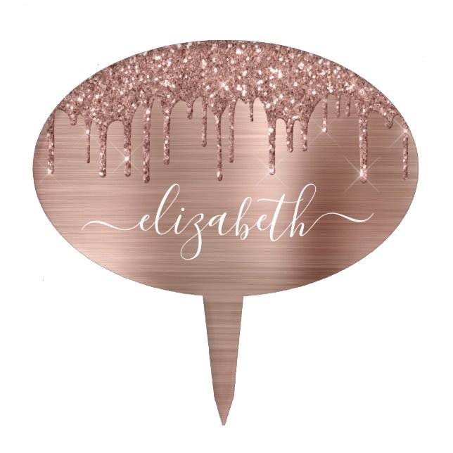 Rose Gold Dripping Glitter Personalized Cake Topper (Front)