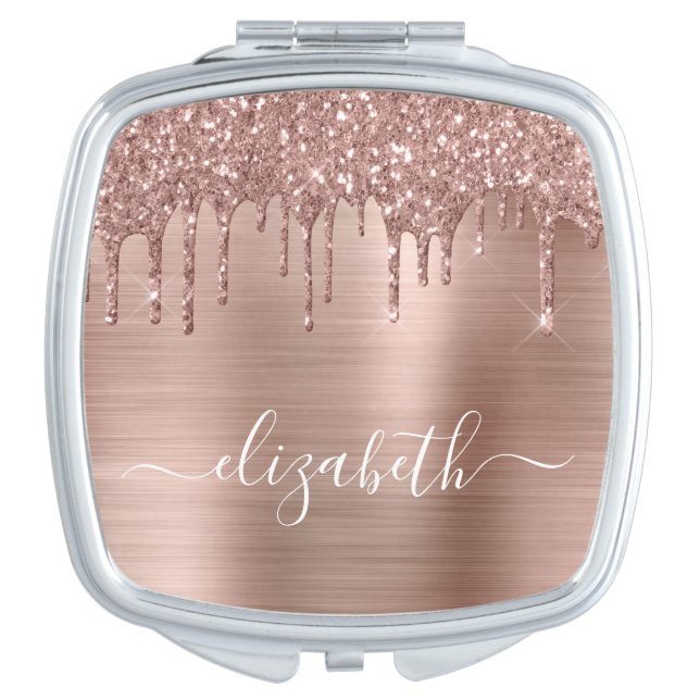 Rose Gold Dripping Glitter Personalized Compact Mirror (Front)