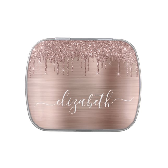 Rose Gold Dripping Glitter Personalized Favor Candy Tin (Top)