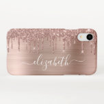 Rose Gold Dripping Glitter Personalized iPhone XR Case<br><div class="desc">Custom elegant and girly phone case featuring rose gold faux glitter dripping against a rose gold faux metallic foil background. Personalize with your name in a stylish trendy white script with swashes.</div>