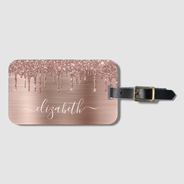 Rose Gold Dripping Glitter Personalized Luggage Tag (Front Horizontal)