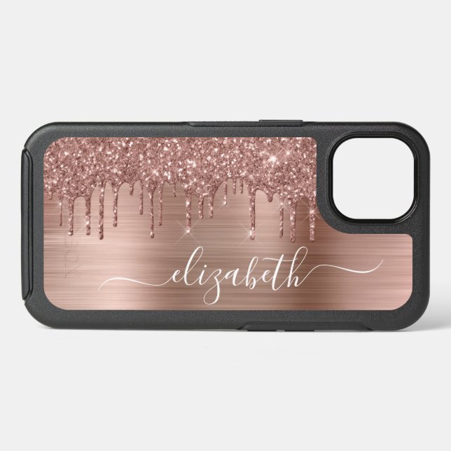 Rose Gold Dripping Glitter Personalized Otterbox iPhone Case (Back Horizontal)