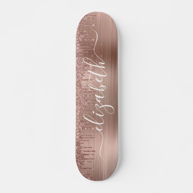 Rose Gold Dripping Glitter Personalized Skateboard (Front)