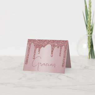 Rose Gold Dripping Glitter Quinceanera Gracias Letterpress Thank You Card