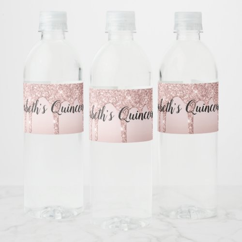 Rose Gold Dripping Glitter Quinceaera Water Bottle Label