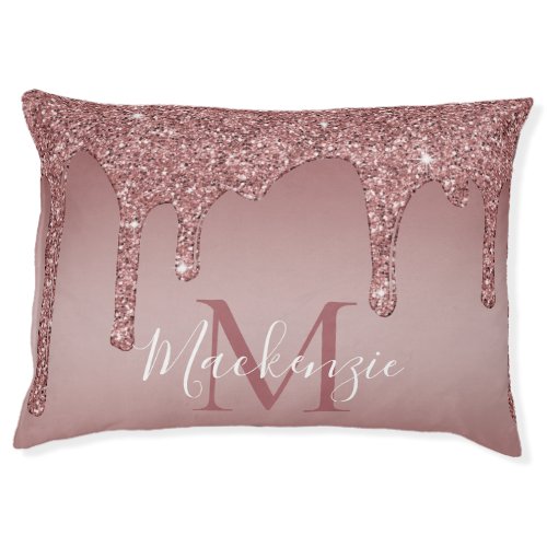 Rose Gold Dripping Glitter Sparkle Glam Monogram Pet Bed
